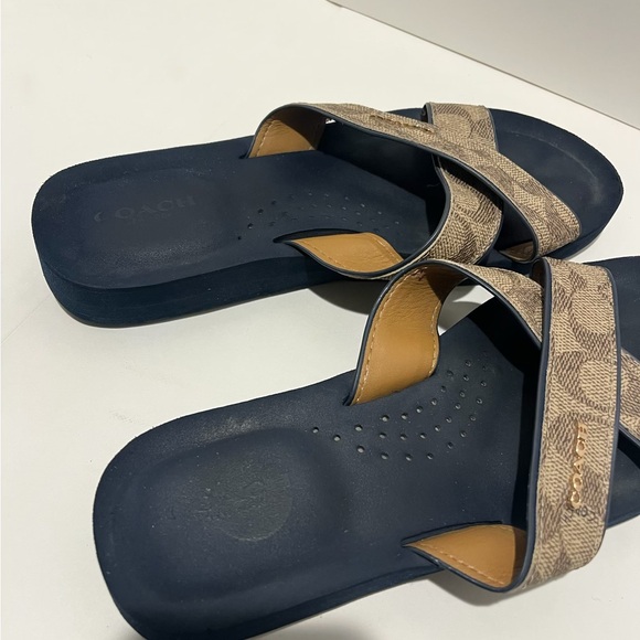 Coach Janine Sandals, Navy Blue W/ Brown Signature Straps & Gold Hardware, 7.5 - Picture 6 of 7